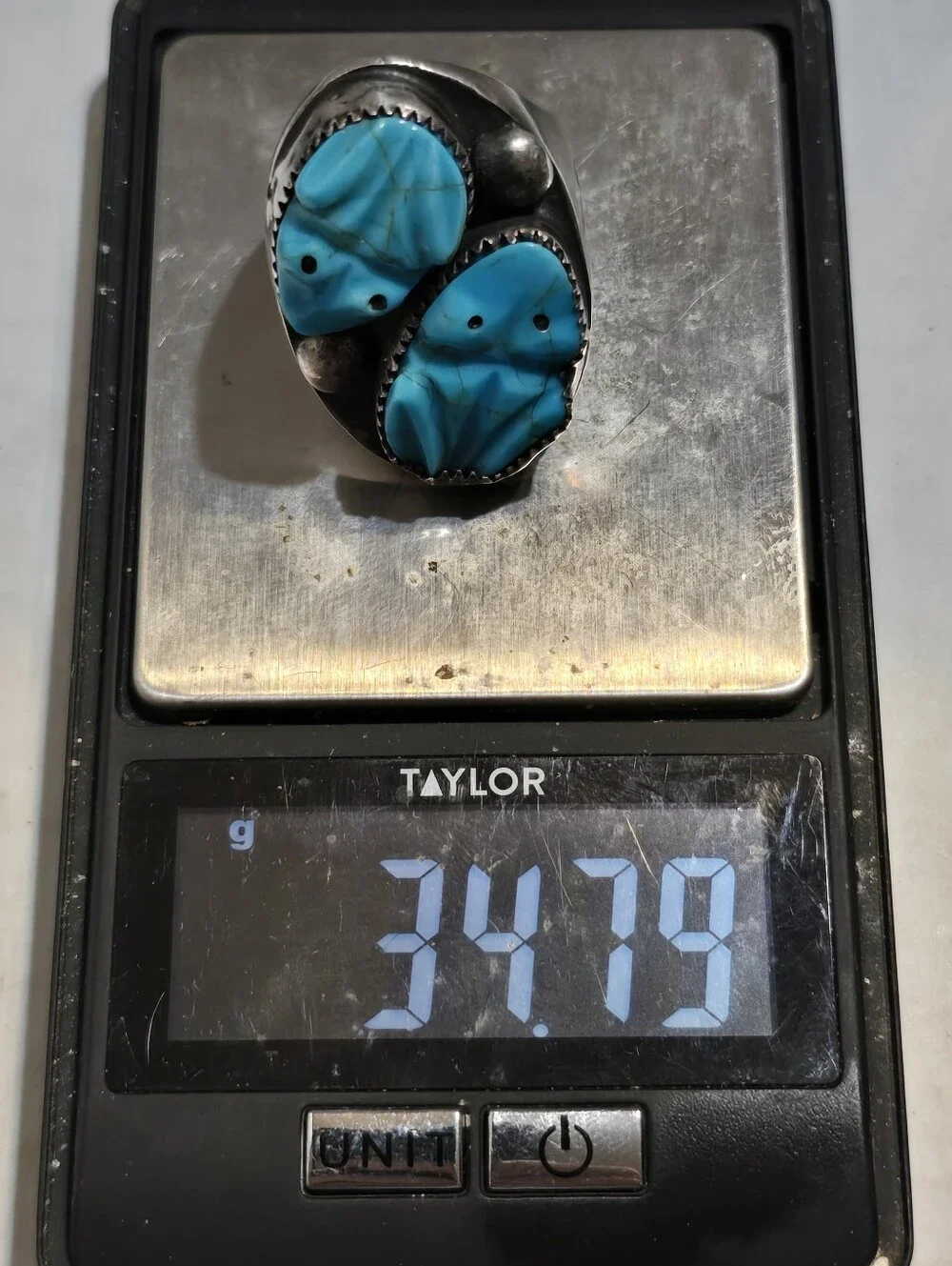 Vintage Native American Sterling Silver Carved Turquoise Ring Size 10.75 34.8 gr
